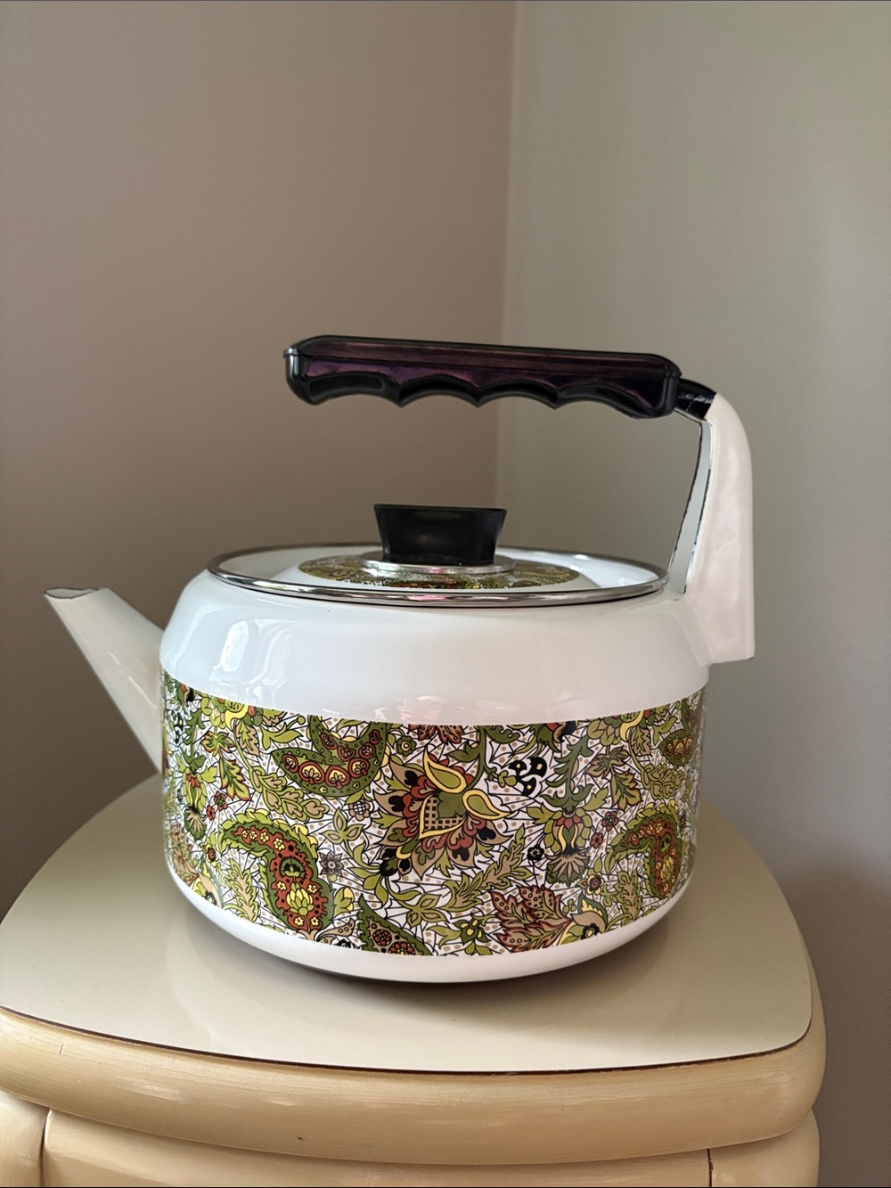 vintage paisley enamelware heavy tea kettle